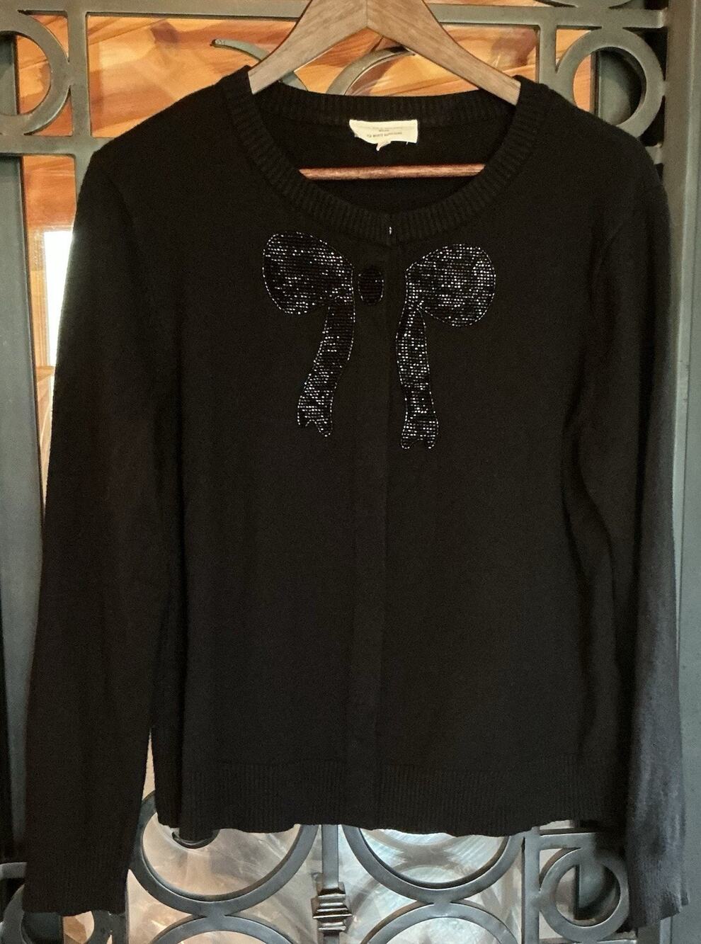 La Vila Milano Black Cardigan Sweater Beaded Bow Womens XL Via Monte Napoleone